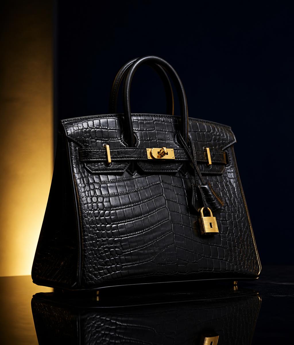 Luxury black leather handbag with gold hardware on a dark reflective surface